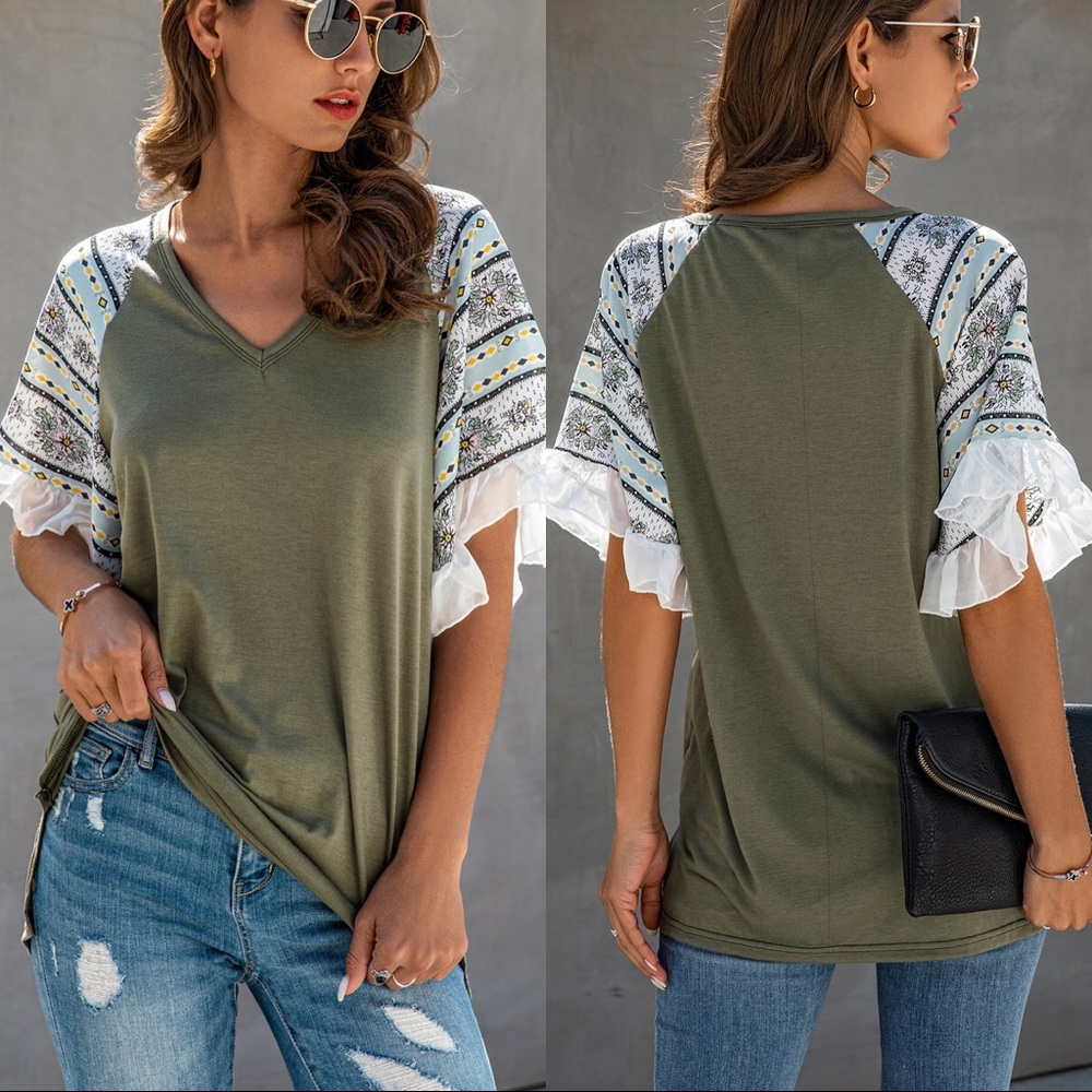 ♦️🆕 Half Ruffled Sleeve V Neck Top Olive